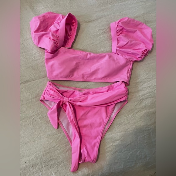 Neon Pink Puff Sleeve High Waisted Bikini Set - Picture 4 of 5
